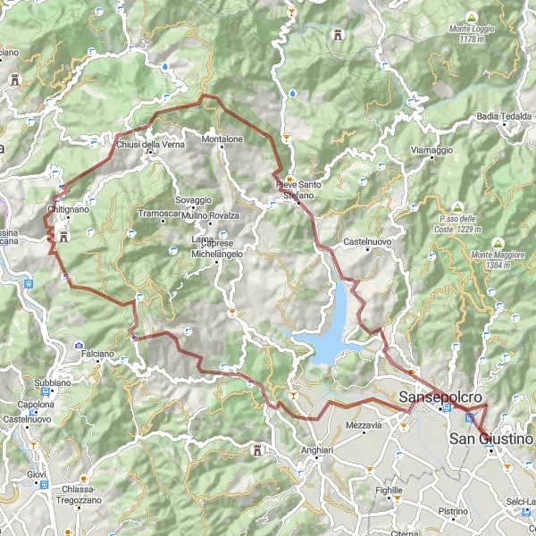 Miniatura della mappa di ispirazione al ciclismo "Avventura tra Sansepolcro e Monte Filetto" nella regione di Umbria, Italy. Generata da Tarmacs.app, pianificatore di rotte ciclistiche