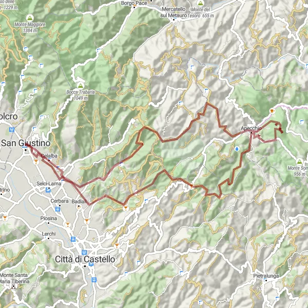 Miniatura della mappa di ispirazione al ciclismo "Esplorazione Off-Road da Apecchio a San Giustino" nella regione di Umbria, Italy. Generata da Tarmacs.app, pianificatore di rotte ciclistiche