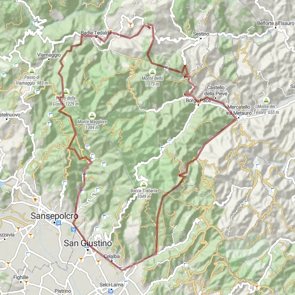 Miniatura della mappa di ispirazione al ciclismo "Ciclovia Monte Cucco e Monte Serra di Battiroli" nella regione di Umbria, Italy. Generata da Tarmacs.app, pianificatore di rotte ciclistiche