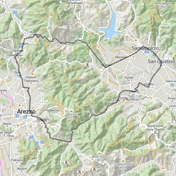 Miniatura della mappa di ispirazione al ciclismo "Giro in Bici da San Giustino a Capolona" nella regione di Umbria, Italy. Generata da Tarmacs.app, pianificatore di rotte ciclistiche