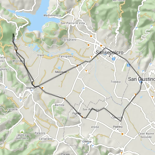 Miniatura della mappa di ispirazione al ciclismo "Giro tra Anghiari e Sansepolcro" nella regione di Umbria, Italy. Generata da Tarmacs.app, pianificatore di rotte ciclistiche