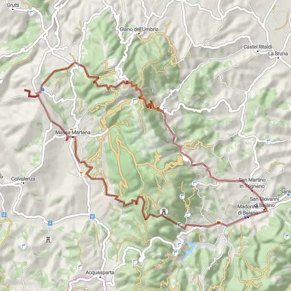 Miniatura della mappa di ispirazione al ciclismo "Giro in bicicletta tra i monti" nella regione di Umbria, Italy. Generata da Tarmacs.app, pianificatore di rotte ciclistiche