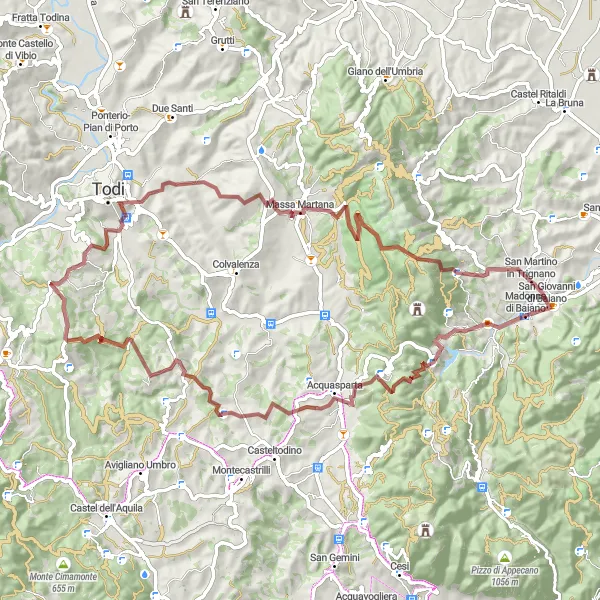 Miniatura della mappa di ispirazione al ciclismo "Avventura nei Monti di Trignano" nella regione di Umbria, Italy. Generata da Tarmacs.app, pianificatore di rotte ciclistiche