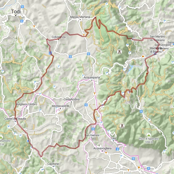 Miniatura della mappa di ispirazione al ciclismo "Emozioni in bicicletta tra natura e avventura" nella regione di Umbria, Italy. Generata da Tarmacs.app, pianificatore di rotte ciclistiche