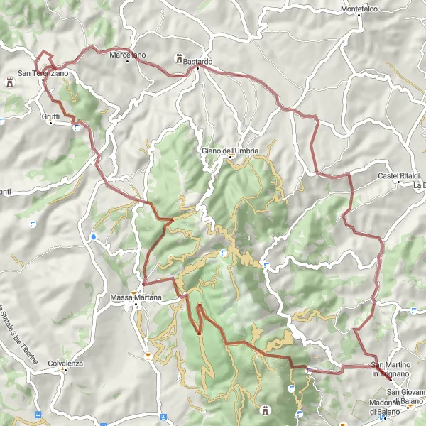 Miniatura della mappa di ispirazione al ciclismo "Esplorazione naturale a Bivio Moscardini" nella regione di Umbria, Italy. Generata da Tarmacs.app, pianificatore di rotte ciclistiche