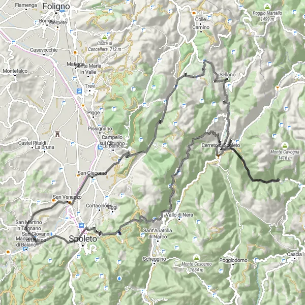Map miniature of "Cycling through Spoleto" cycling inspiration in Umbria, Italy. Generated by Tarmacs.app cycling route planner