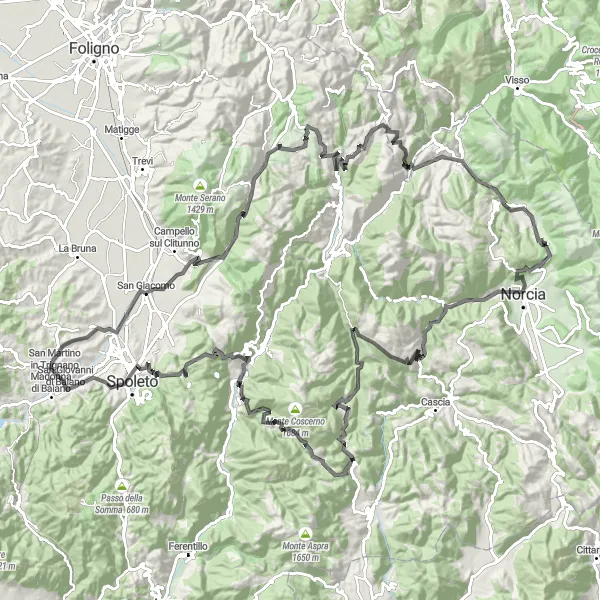 Miniatuurkaart van de fietsinspiratie "Langs Poreta en Monte Ginepro" in Umbria, Italy. Gemaakt door de Tarmacs.app fietsrouteplanner