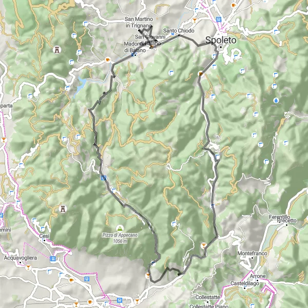 Miniatura della mappa di ispirazione al ciclismo "Tra borghi medievali e panorami mozzafiato" nella regione di Umbria, Italy. Generata da Tarmacs.app, pianificatore di rotte ciclistiche