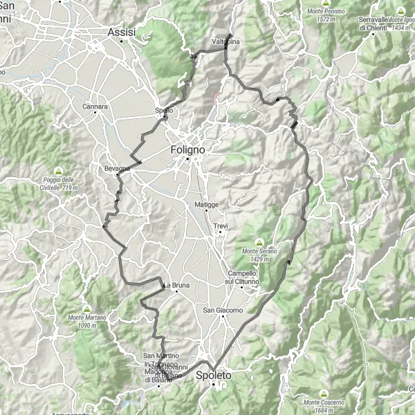 Miniatuurkaart van de fietsinspiratie "Roadtrip langs Monte Molino en Valtopina" in Umbria, Italy. Gemaakt door de Tarmacs.app fietsrouteplanner