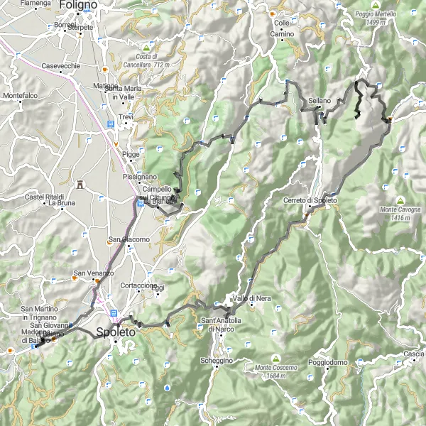 Miniatura della mappa di ispirazione al ciclismo "Tra le colline di Ceseggi e Borgo Cerreto" nella regione di Umbria, Italy. Generata da Tarmacs.app, pianificatore di rotte ciclistiche