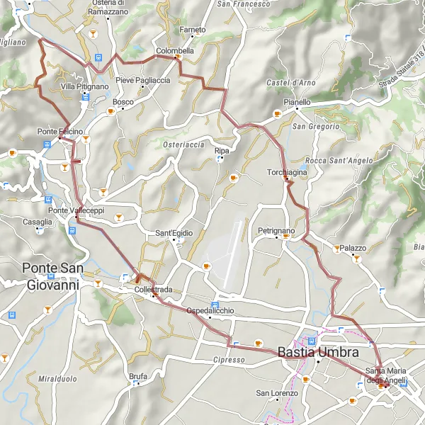 Miniatura della mappa di ispirazione al ciclismo "Avventura gravel tra ponti e palazzi umbri" nella regione di Umbria, Italy. Generata da Tarmacs.app, pianificatore di rotte ciclistiche