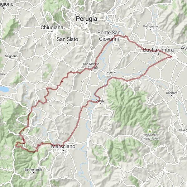 Miniatuurkaart van de fietsinspiratie "Gravelavontuur langs de Tevere rivier" in Umbria, Italy. Gemaakt door de Tarmacs.app fietsrouteplanner