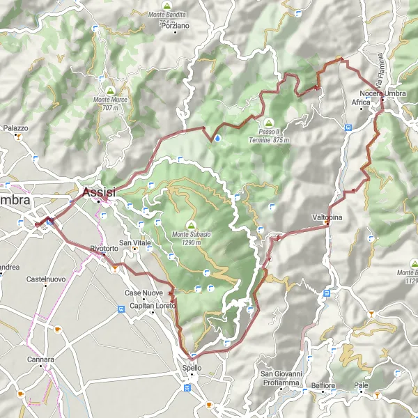 Miniatura della mappa di ispirazione al ciclismo "Rotta gravel panoramica tra Assisi e Montarone" nella regione di Umbria, Italy. Generata da Tarmacs.app, pianificatore di rotte ciclistiche