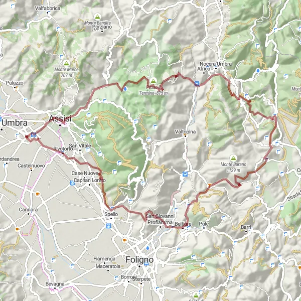 Miniatura della mappa di ispirazione al ciclismo "Rotta gravel panoramica tra Assisi e Monte d'Annifo" nella regione di Umbria, Italy. Generata da Tarmacs.app, pianificatore di rotte ciclistiche