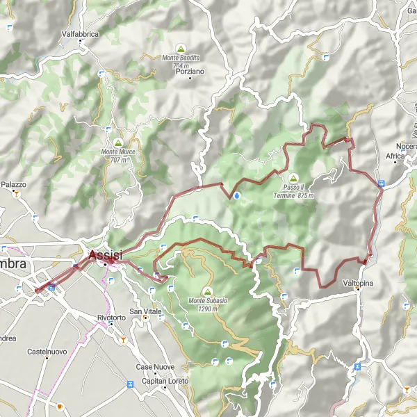 Map miniature of "Assisi Gravel Epic" cycling inspiration in Umbria, Italy. Generated by Tarmacs.app cycling route planner