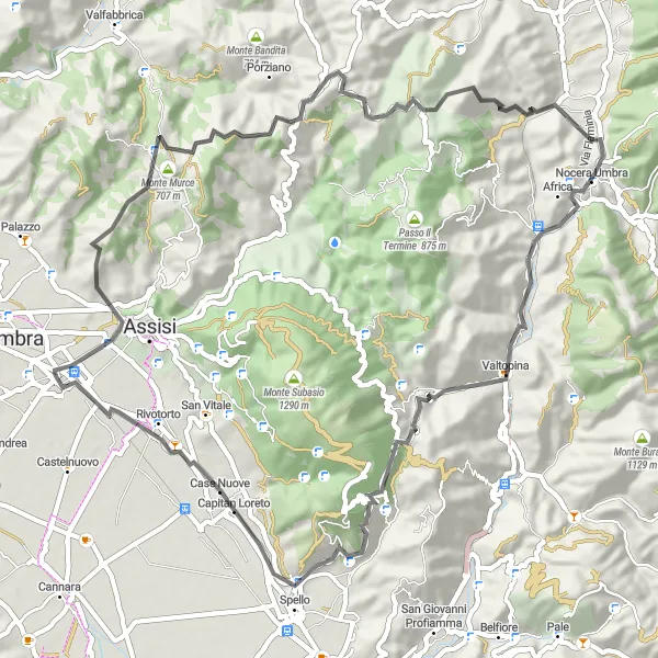 Map miniature of "Umbrian Hills" cycling inspiration in Umbria, Italy. Generated by Tarmacs.app cycling route planner