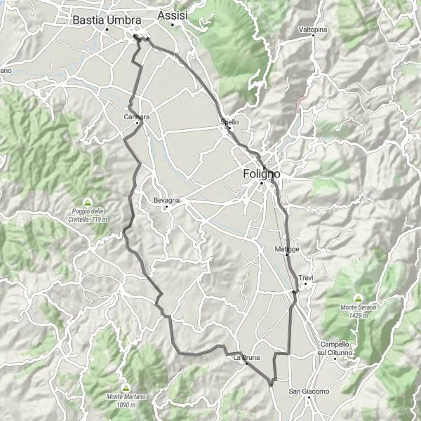 Miniatura della mappa di ispirazione al ciclismo "Passeggiata in bicicletta tra borghi medievali umbri" nella regione di Umbria, Italy. Generata da Tarmacs.app, pianificatore di rotte ciclistiche