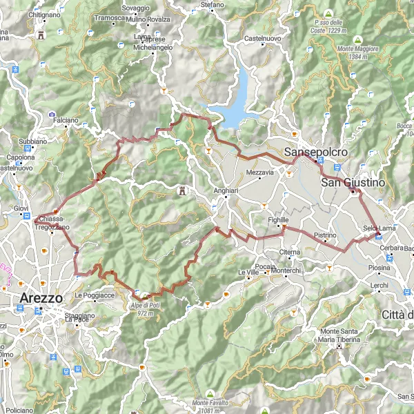 Miniatura della mappa di ispirazione al ciclismo "La strada panoramica del Monte di Gello" nella regione di Umbria, Italy. Generata da Tarmacs.app, pianificatore di rotte ciclistiche