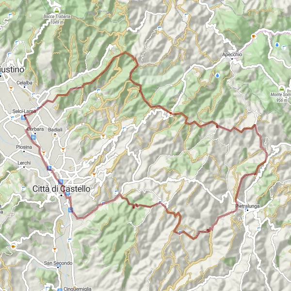 Map miniature of "Mountain Escapade - Gravel Cycling route" cycling inspiration in Umbria, Italy. Generated by Tarmacs.app cycling route planner