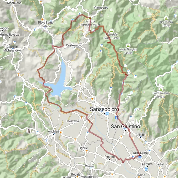 Miniatura della mappa di ispirazione al ciclismo "Giro in gravel Poggio degli Scopeti-Monte Cucco" nella regione di Umbria, Italy. Generata da Tarmacs.app, pianificatore di rotte ciclistiche