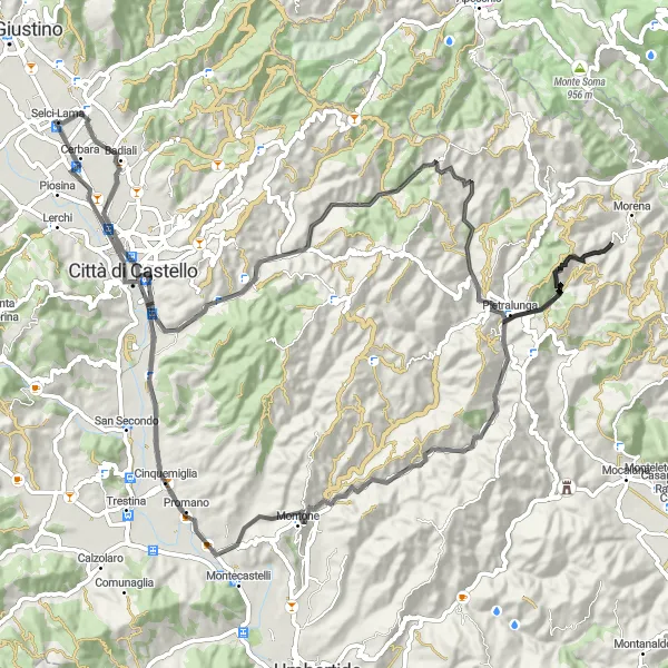 Map miniature of "Umbrian Challenge - Road Cycling route" cycling inspiration in Umbria, Italy. Generated by Tarmacs.app cycling route planner