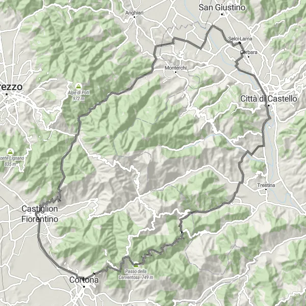 Map miniature of "Selci-Lama - Montesca - Monte della Croce - Passo della Cerventosa - Torreone - Fonte del Mazza - Belvedere Rossano Naldi - Palazzo del Pero - Poggino" cycling inspiration in Umbria, Italy. Generated by Tarmacs.app cycling route planner