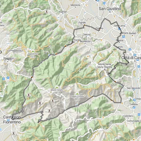 Miniatura della mappa di ispirazione al ciclismo "Giro in bicicletta Selci-Lama - Monte Arnato" nella regione di Umbria, Italy. Generata da Tarmacs.app, pianificatore di rotte ciclistiche