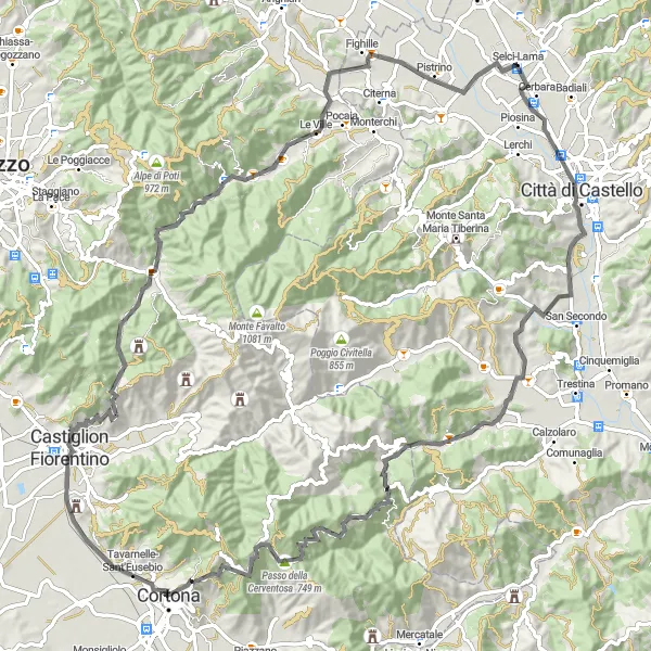 Miniatura della mappa di ispirazione al ciclismo "Selci-Lama Road Cycling Adventure" nella regione di Umbria, Italy. Generata da Tarmacs.app, pianificatore di rotte ciclistiche