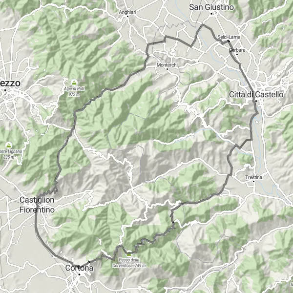 Map miniature of "Palazzo Vitelli Route" cycling inspiration in Umbria, Italy. Generated by Tarmacs.app cycling route planner