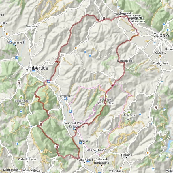 Miniatura della mappa di ispirazione al ciclismo "Il Giro di Monte delle Pòrtole" nella regione di Umbria, Italy. Generata da Tarmacs.app, pianificatore di rotte ciclistiche