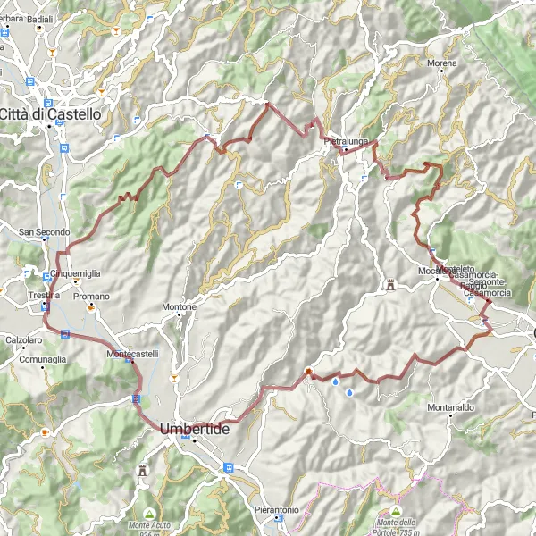 Map miniature of "Scenic Gravel Expedition in Umbria" cycling inspiration in Umbria, Italy. Generated by Tarmacs.app cycling route planner