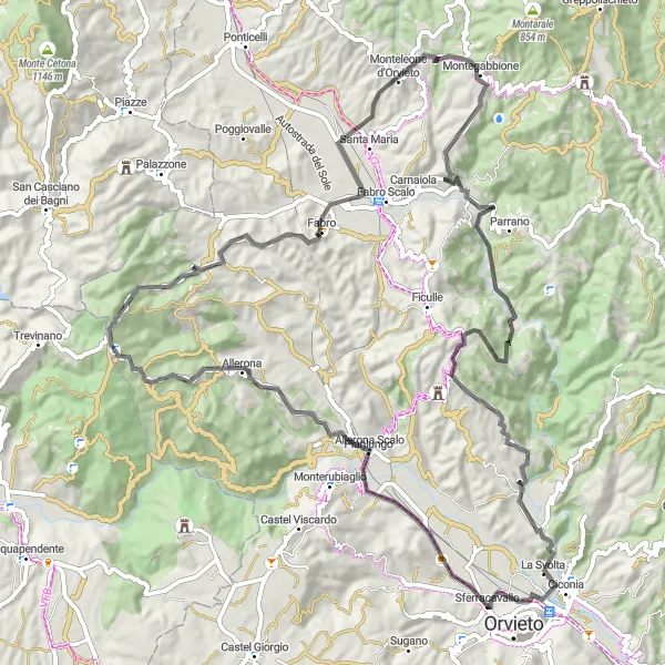 Miniatura della mappa di ispirazione al ciclismo "Esplorazione panoramica da Sferracavallo a Ciconia" nella regione di Umbria, Italy. Generata da Tarmacs.app, pianificatore di rotte ciclistiche