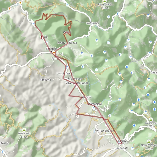 Miniatura della mappa di ispirazione al ciclismo "Traversata collinare in Gravel" nella regione di Umbria, Italy. Generata da Tarmacs.app, pianificatore di rotte ciclistiche