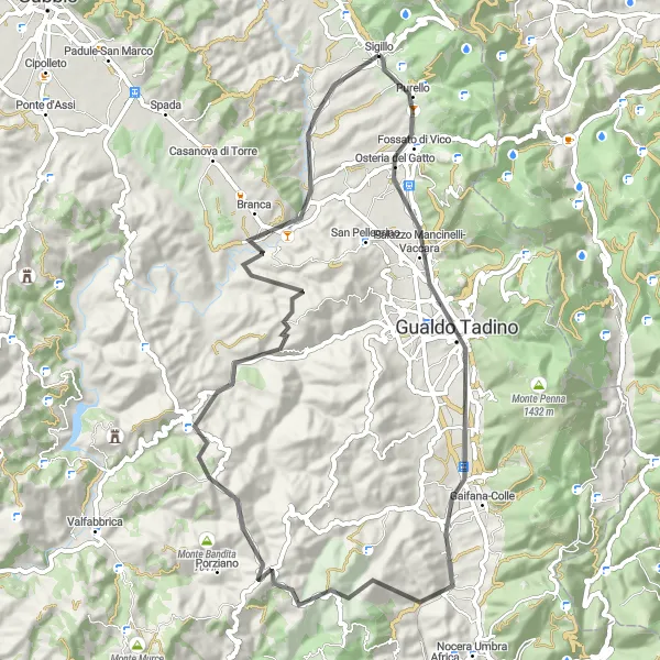Miniatura della mappa di ispirazione al ciclismo "Tour in bicicletta tra Gualdo Tadino e Sigillo" nella regione di Umbria, Italy. Generata da Tarmacs.app, pianificatore di rotte ciclistiche