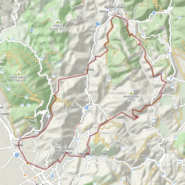 Map miniature of "Gravel Ride - Monte Pasano Loop" cycling inspiration in Umbria, Italy. Generated by Tarmacs.app cycling route planner
