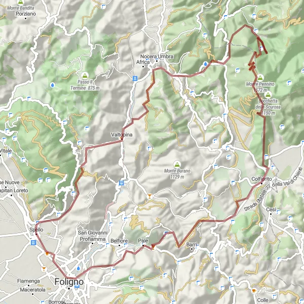 Miniatura della mappa di ispirazione al ciclismo "Avventura in Gravel da Monte Pasano a Foligno" nella regione di Umbria, Italy. Generata da Tarmacs.app, pianificatore di rotte ciclistiche