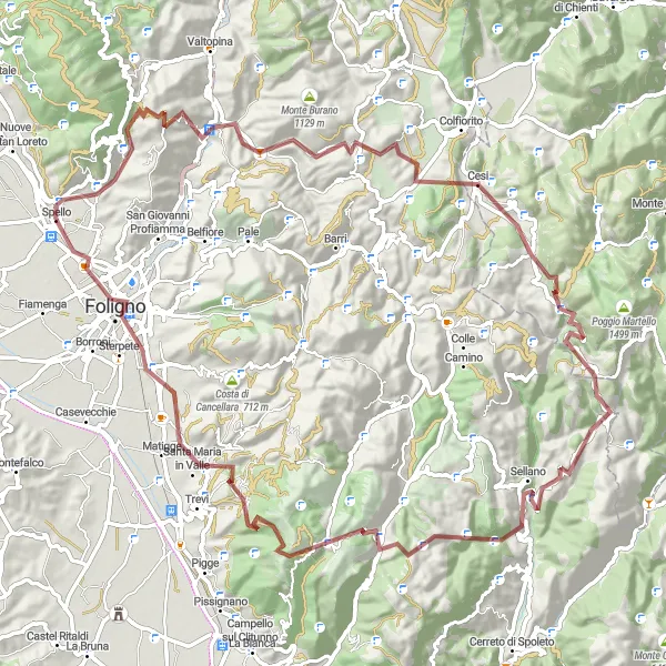 Miniatura della mappa di ispirazione al ciclismo "Cicloturismo avventuroso da Collepino a Spello" nella regione di Umbria, Italy. Generata da Tarmacs.app, pianificatore di rotte ciclistiche