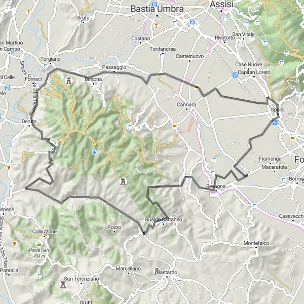 Miniatura della mappa di ispirazione al ciclismo "Cicloturismo tra Bevagna e Bettona" nella regione di Umbria, Italy. Generata da Tarmacs.app, pianificatore di rotte ciclistiche