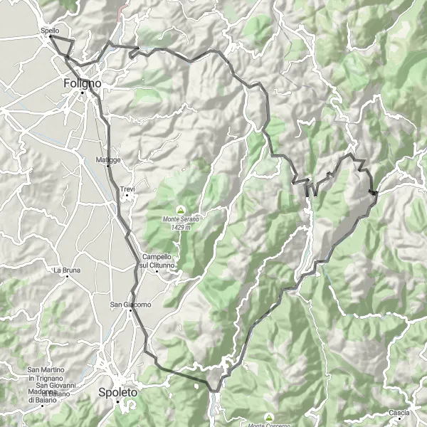 Miniatura della mappa di ispirazione al ciclismo "Giro in bici verso Sellano" nella regione di Umbria, Italy. Generata da Tarmacs.app, pianificatore di rotte ciclistiche