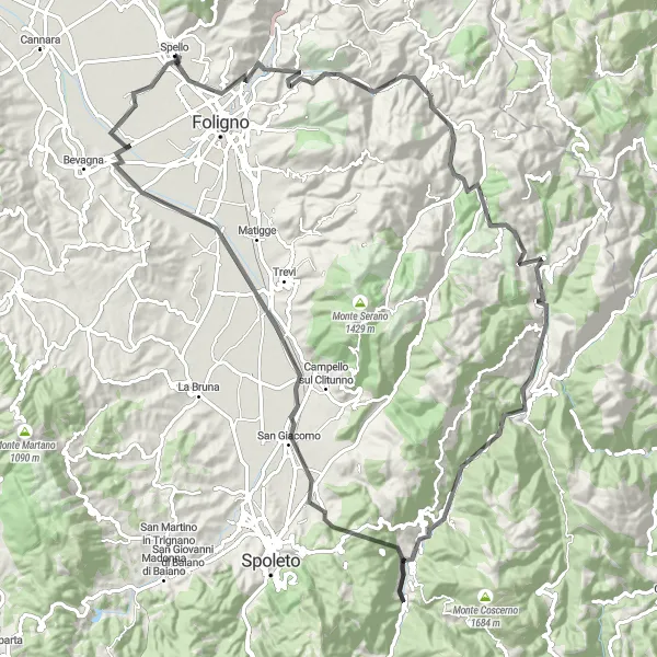 Miniatura della mappa di ispirazione al ciclismo "Esplorazione di Sasso di Pale e Monte Motillo" nella regione di Umbria, Italy. Generata da Tarmacs.app, pianificatore di rotte ciclistiche