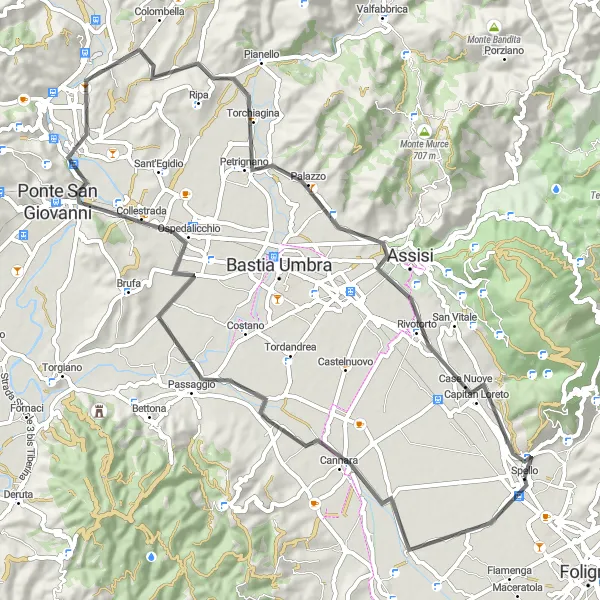 Miniatura della mappa di ispirazione al ciclismo "Pedalata tra Cannara e Rivotorto" nella regione di Umbria, Italy. Generata da Tarmacs.app, pianificatore di rotte ciclistiche