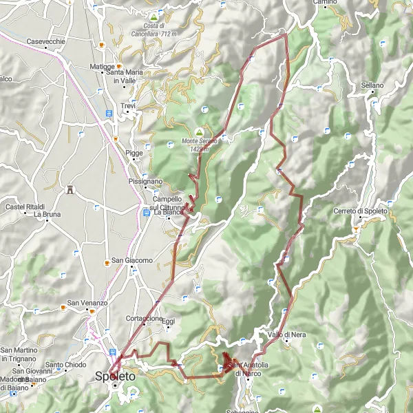 Map miniature of "Magical Monte Maggiore Gravel Ride" cycling inspiration in Umbria, Italy. Generated by Tarmacs.app cycling route planner