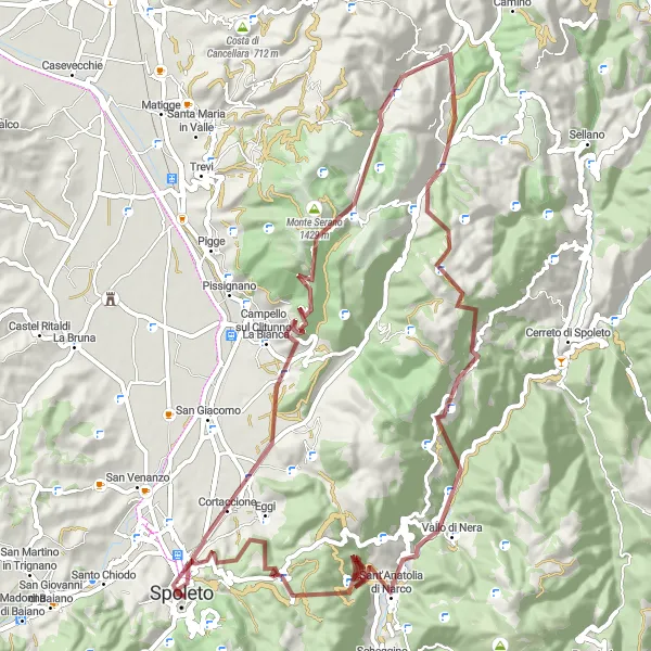 Miniatura della mappa di ispirazione al ciclismo "Esplorazione di Monte Maggiore e Vallo di Nera in sella alla bicicletta" nella regione di Umbria, Italy. Generata da Tarmacs.app, pianificatore di rotte ciclistiche