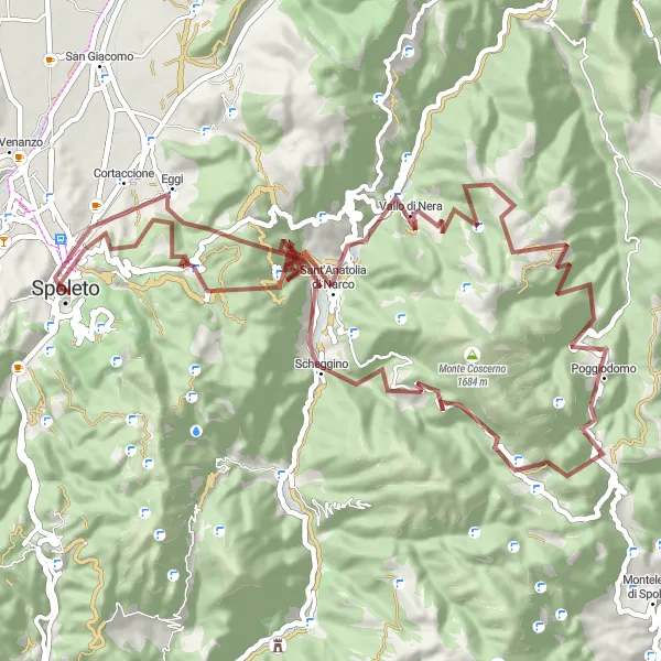 Miniatura della mappa di ispirazione al ciclismo "Percorso gravel da Spoleto a Scheggino" nella regione di Umbria, Italy. Generata da Tarmacs.app, pianificatore di rotte ciclistiche