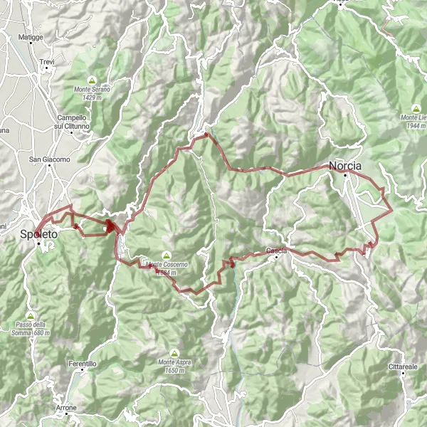 Miniatura della mappa di ispirazione al ciclismo "Avventura in Gravel Bike tra montagne e paesaggi rurali" nella regione di Umbria, Italy. Generata da Tarmacs.app, pianificatore di rotte ciclistiche