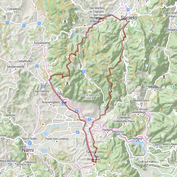 Miniatura della mappa di ispirazione al ciclismo "Avventura off-road a Terni e Spoleto" nella regione di Umbria, Italy. Generata da Tarmacs.app, pianificatore di rotte ciclistiche