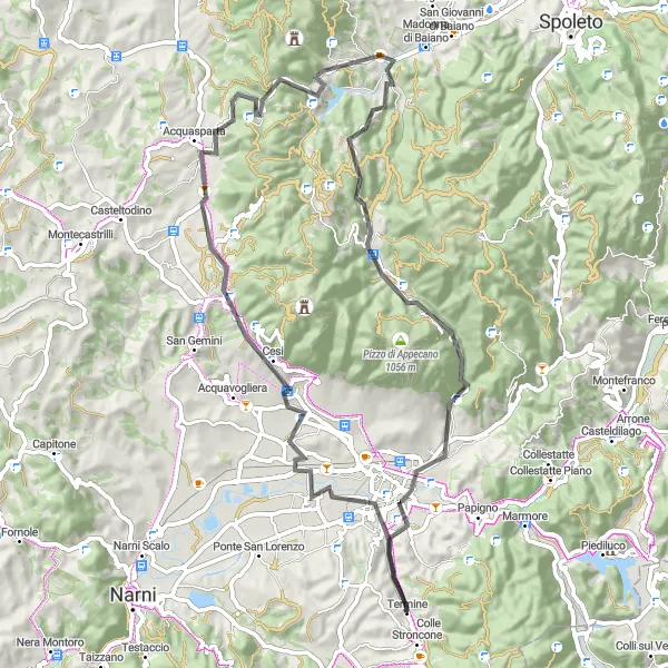 Miniatura della mappa di ispirazione al ciclismo "Il Giro delle Cascate" nella regione di Umbria, Italy. Generata da Tarmacs.app, pianificatore di rotte ciclistiche