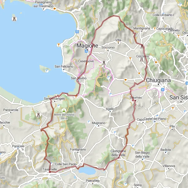 Miniatura della mappa di ispirazione al ciclismo "Giro in Gravel alla scoperta di Solomeo" nella regione di Umbria, Italy. Generata da Tarmacs.app, pianificatore di rotte ciclistiche