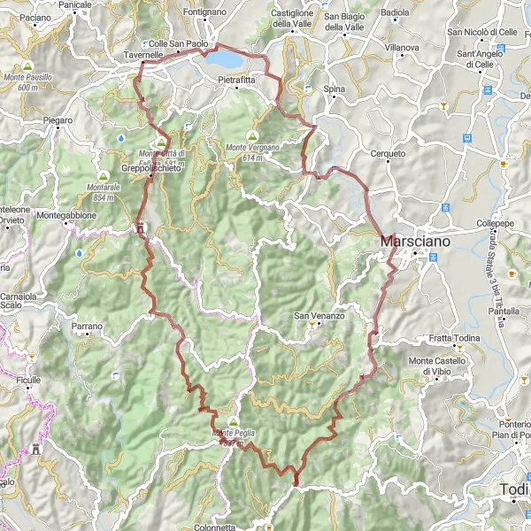 Miniatura della mappa di ispirazione al ciclismo "Giro in Gravel attraverso Monte Peglia" nella regione di Umbria, Italy. Generata da Tarmacs.app, pianificatore di rotte ciclistiche