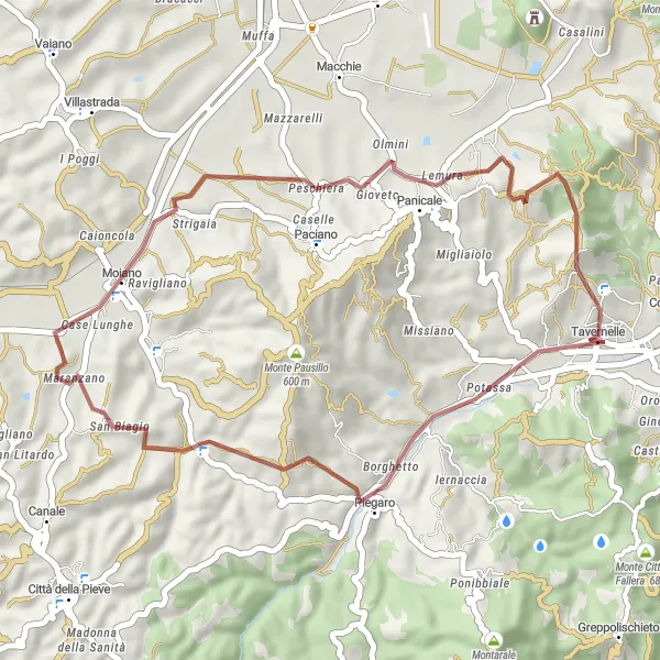 Miniatura della mappa di ispirazione al ciclismo "Giro in Gravel intorno a Tavernelle" nella regione di Umbria, Italy. Generata da Tarmacs.app, pianificatore di rotte ciclistiche